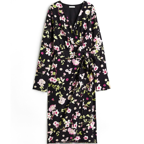 Платье H&M Floral Tie-detail Wrap, черный/мультиколор