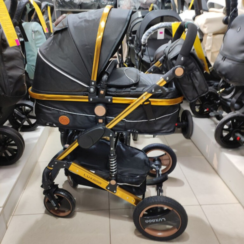 Детская коляска 2в1 черная на золотой раме