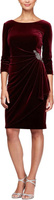 Платье с короткими боковыми рюшами и рукавами 3/4, украшенное бисером на бедре Alex Evenings, цвет Wine