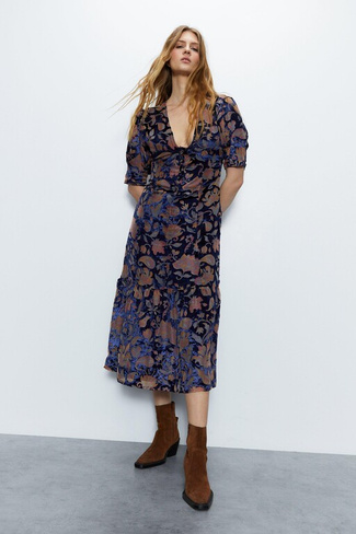 Платье миди Devore с цветочным принтом Warehouse, темно-синий