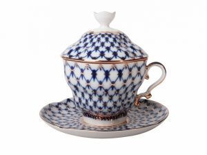 Чашка чайная с блюдцем и с крышкой 250 мл, Кобальтовая сетка (Подарочная-2) Императорский фарфоровый завод (ЛФЗ) 81.1541