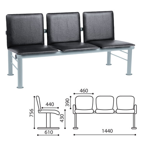 Кресло для посетителей трехсекционное Терра серебристый каркас кожзам черный