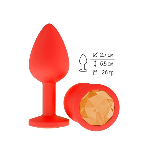 Сумерки Богов - Красная силиконовая анальная втулка с кристаллом, 7,3х2,7 см (оранжевый)