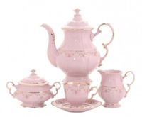 Кофейный сервиз 6 персон 15 предметов, Мелкие цветы, Розовый фарфор Соната 07260714-0158, Leander